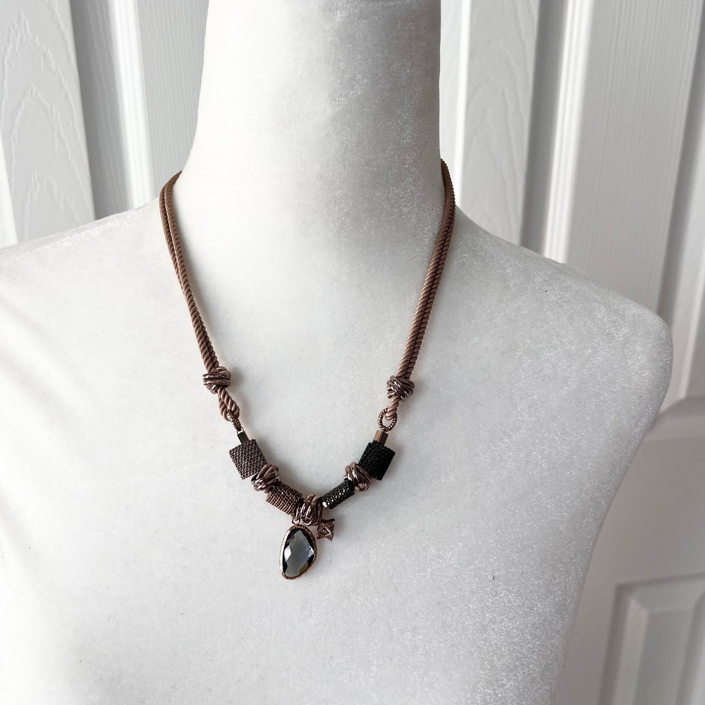 Unique mixed media off center jewel rope knot adjustable necklace
